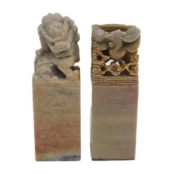 Vtg Asian Stone Carved Dragon Chops / Stamps Etched Scenes Ink Lot U133 main image 16